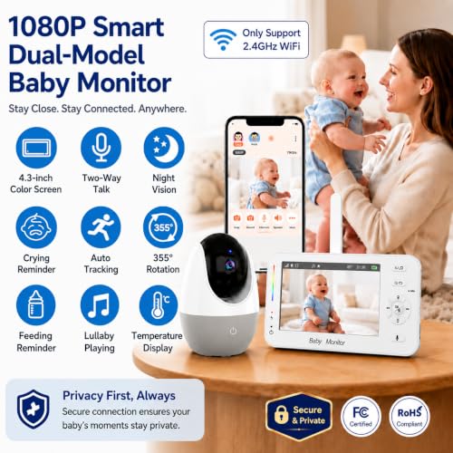CallToU Baby Monitor with 1080P HD Camera, Hybrid 2.4GHz Wi-Fi & No Wi-Fi Connection, 4× Zoom, Pan-Tilt,Temperature Display,Lullabies & Night Light,4.3-Inch Screen,Remote Baby Monitoring from Anywhere
