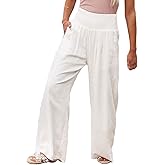 loveimgs Women's Boho Cotton Linen Wide Leg Lounge Pants Elastic Waist Beach Palazzo with Pocket