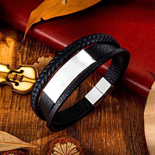 GAGAFEEL Leather Classic Braided Rope Bracelet Custom Engraved Message Stainless Steel Bangle Unisex Gift (Black-Engrave 2 Side-Length 19.5cm)