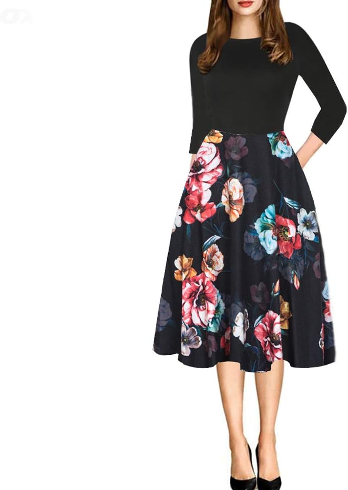 YISHIWEI Women's Long Sleeve Pocket Vintage Patchwork Flowers Casual Party Flared Midi Dress (Large, Black)