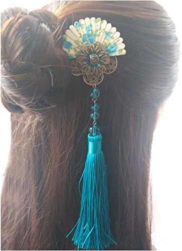 FANTAC CRAFTS Vintage Women Girl Hair Clip Bronze Tassel Bead Fan Kimono Hair Accessories Cosplay (Cyan)