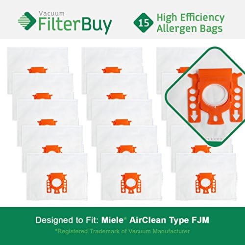 15 FilterBuy Miele FJM Compatible Vacuum Bags, Miele Part # 7291640. Designed by FilterBuy to fit the Miele HyClean FJM Canister Vacuum Cleaner