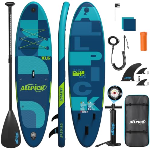 ALLPICK Premium SUP Board Set, Stand Up Paddling Board Aufblasbar, Mit Universal Kamerahalterung, Komplettes Zubehör, Verstellbares Paddel, Anfänger,