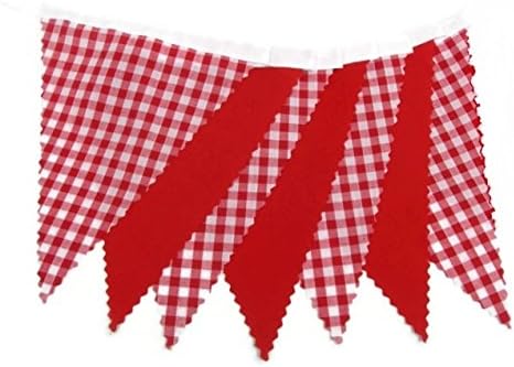 10 metres mtrs (32ft) - Red and Gingham Single-Sided Fabric Bunting - 40 flags