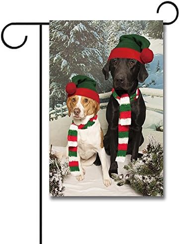 Banedy a Lab and a Beagle Sit Together in The Snow Garden Flag 12.5"x18"