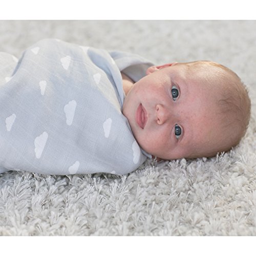 Muslin Baby Swaddle Blankets, 47x47 (3 Pack) Grey Cloud, Stripe & Stars - Thumbnail 5