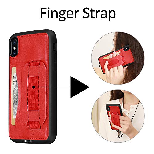 TOOVREN Case for iPhone Xs Max, Lanyard iPhone Xs Max Wallet Cases with Card Holder Slot, Neck Strap Finger Phone Loop Foldable Kickstand Purse Cover for Women Men - Red