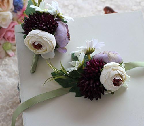 USIX 2pc Pack-Handmade Artificial Succulent Plant Peony Wrist Corsage & Men's Lapel Boutonniere Pin for Wedding Party Prom Homecoming(Purple)