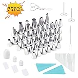 IdealHouse 75 Pieces Cake Decorating Supplies Kit with 42 Stainless Steel Icing Tips, 2 Silicone Pastry Bags, 2 Flower Nails, 3 Reusable Plastic Couplers, 3 Scrapers for Baking Tool Piping Cake Nozzle