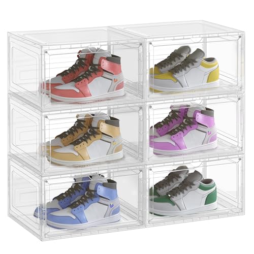 SONGMICS LSP506W01 Set of 6 Shoe Storage Boxes Transparent Plastic Shoe Organiser with Door Stackable 33 x 28.5 x 19.3 cm for Shoes up to Size 46 White Transparent