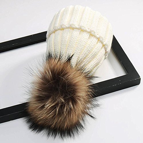 Beanie for Toddler Boy, Knitted Fur Hat Fur Pom Pom Beanie Hats White 46-51cm