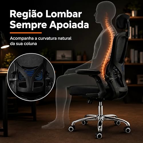 Laruno Cadeira de Escritório Ergonômica Premium NR17 Preta Giratória Reclinável 145 Graus com Suporte Lombar Encosto Mesh Respirável Cadeira Gamer Regulagem de Altura e Braços Suporta até 120kg