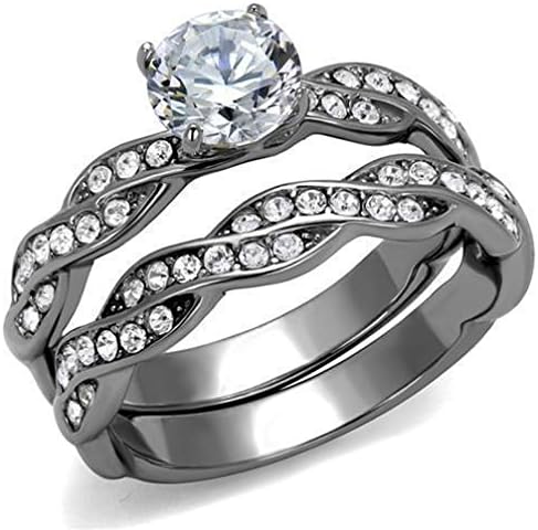 Jewelryfinds Round Cz Stainless Steel Wedding Engagement 2Pc Promise Rings Twist Band Set