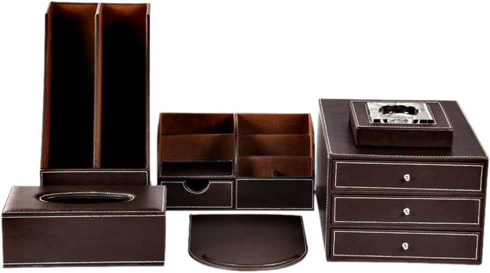 YonCog Multi-Functional PU Leather Desk Organizer File Cabinet Office Supplies Set Desktop Storage Box with Drawer 5 Pcs (Color : Coffee, Size : One Size)