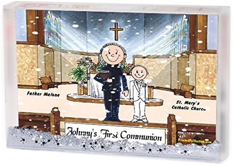 Personalized Friendly Folks Cartoon Snow Globe Frame Gift: Communion, Boy - Male Priest Great for First Communion, ceremony