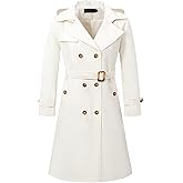 SHMLIYDO Womens Long Trench Coat Double Breasted Classic Lapel Coat Belted Slim Long Overcoat Coat With Detachable Hood