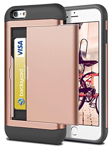 SAMONPOW 38case-ch Wallet Case, Card Holder, Shell Heavy Duty Protection Defender Shockproof Anti-Scratch Soft Rubber Bumper Cover Case for iPhone 6/6S - Rose Gold