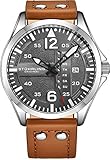 Stuhrling Original Mens Analog Stainless Steel Sport Aviator Watch, Quick-Set Day-Date, Brown Casual Leather Strap