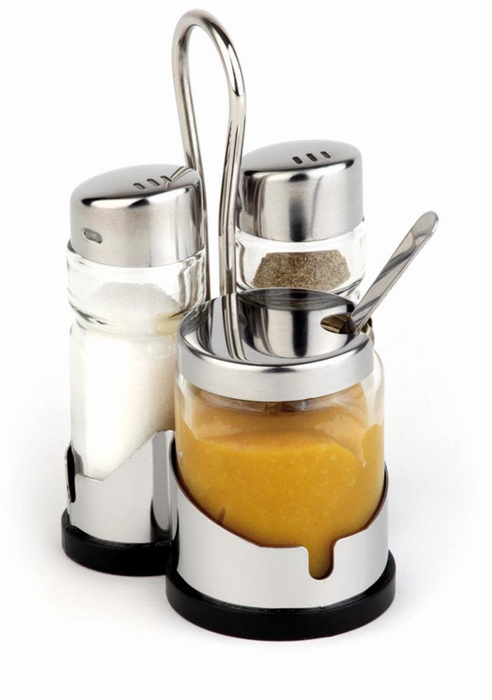 Menage, 3 pcs. pepper, salt & mustard glasses with stainless cover