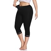 Women's Plus Size Capri Leggings Lace Trim Stretchy Cropped Leggings | Soft Stretchy 3/4 Length Yoga Pants Lightweight Workout Leggings