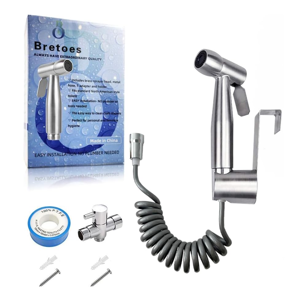 bretoes Stainless Steel Hand-Held Bidet Toilet Sprayer - Bidet Sprayer - for Personal Hygiene and Bedpan WC Spray (Bidet Sprayer (Full Set) Chrome)