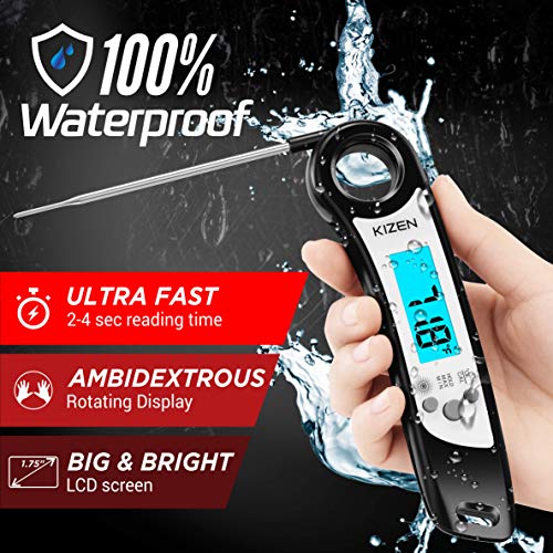 Kizen Instant Read Meat Thermometer - Waterproof Ambidextrous Thermometer with Backlight & Calibration. Digital Food Thermometer for Kitchen, Outdoor Cooking, BBQ, and Grill!