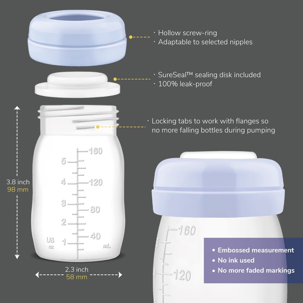 Maymom Wide Neck Breastmilk Collection n Storage Bottle 5.4 oz; Re-markable SureSeal Disc. Fits Spectra S2 Spectra S1 Spectra 9 Plus.
