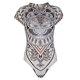 Sunsent Women Sexy Graphic Print Mesh See Through Tight Bodysuit Jumpsuit