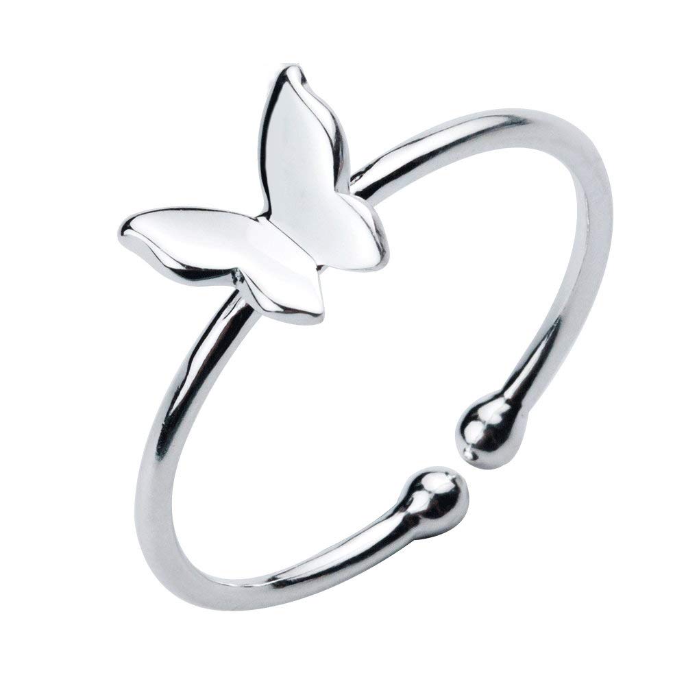 Sterling Silver Dainty Butterfly Ring Minimalist Adjustable Open Tail Finger Stacking Band for Women Girls