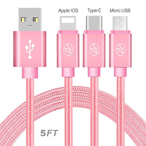 BargainPort Universal Pink Color 3in1 Stylish Design 5ft length Braided Round High Speed Data Transfer and Rapid Charge Cable to USB Dock Connector For Gionee Gpad G1