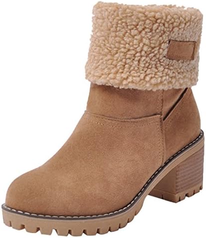 Women Cute Warm Short Boots Suede Chunky Mid Heel Round Toe Winter Snow Ankle Booties Brown 7.5
