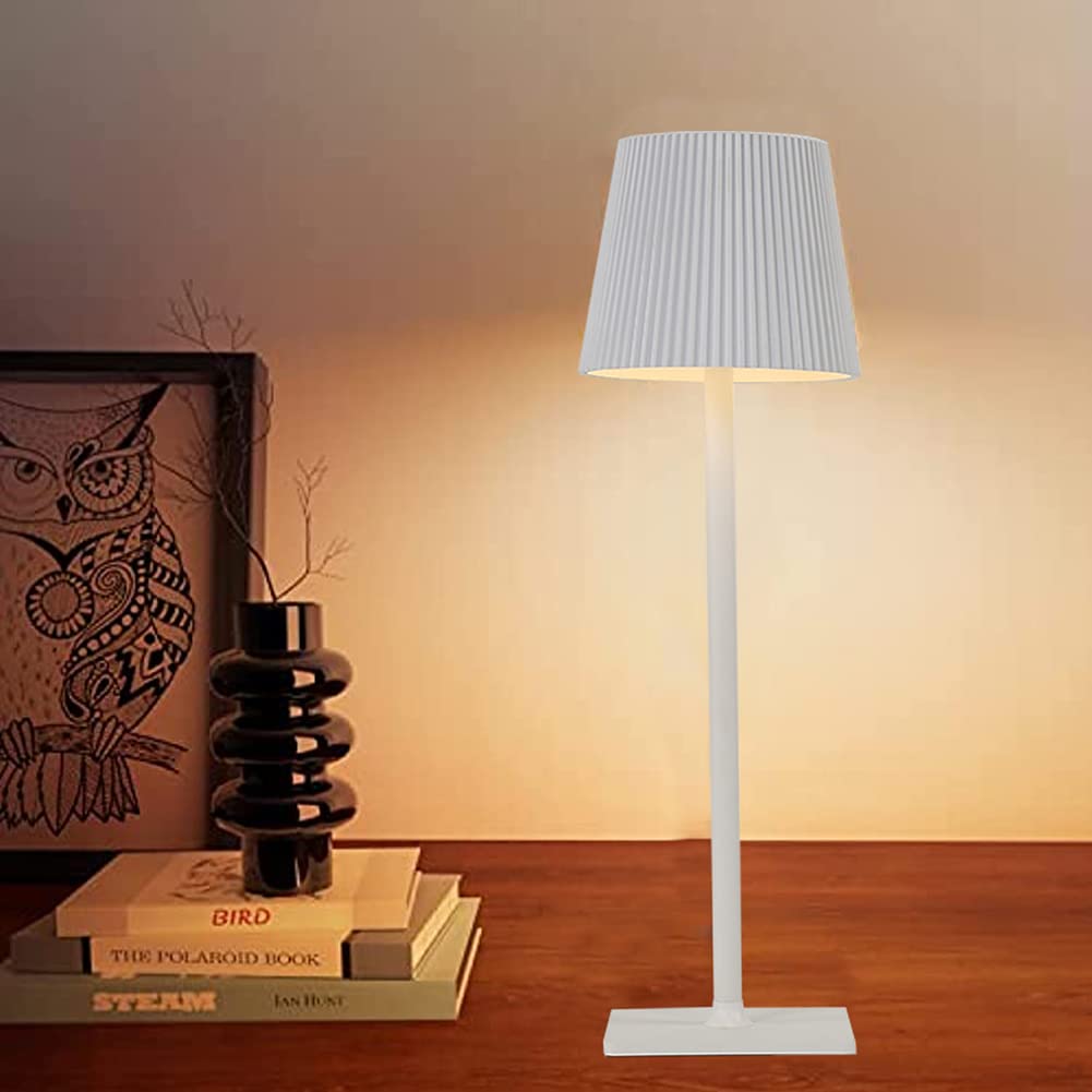 Modern LED Table Lamp, 2000mah Rechargeable Touch Control Desk Lamp, Cordless Metal Table Light, 3 Color Dimmable Bedside Light for Indoor Outdoor Restaurant Coffee Bar and Home (White Pleated)