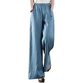 Les umes Women's Casual Wide Leg Linen Pants High Waist Drawsting Loose Palazzo Pants Beach Trousers Blue M