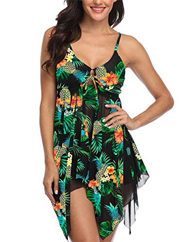 Temptme Women Swimsuit Two Piece Tankini Mesh Swimdress Floral Printed with Boyshort Bathing Suits