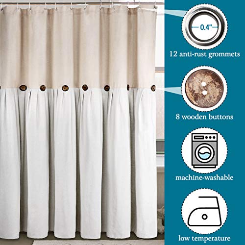 Reisen Linen Farmhouse Shower Curtain Button Beige and White Shower Curtains for Bathroom, 72\