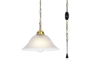 SHENGQINGTOP Plug in Pendant Light Alabaster Glass Shade Hanging Lamp with On/Off Switch,16.4Ft Cord & 14.7Ft Chain Dimmable Brass Swag Light Fixture for Kitchen Sink Bar Nook Farmhouse