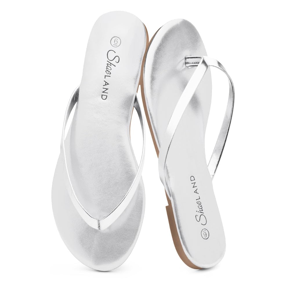 Photo 1 of Shoe Land Flip Flops for Women – Memory Foam Flat Sandals with Vegan Leather | Lightweight Summer Slides for Beach, Travel & Everyday Wear | Non-Slip Comfort Sandals,2024Silver, Size 7.5, Falema
