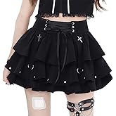RILGOU Y2K Punk Kawaii Gothic Clothes Casual High Waist Rivet Trim Ribbon Black Ruffle Pleated Tiered Short Skirt
