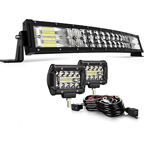 22″ Curved LED Light Bar KEENAXIS 120W 5D Upgrade Chipset W/ 2Pcs 4″ 60W Driving Fog Lamp with Rocker Switch Wiring Harness for Jeep Trucks Off Road Lighting Marine Boating Combo Beam Light Bars Kit