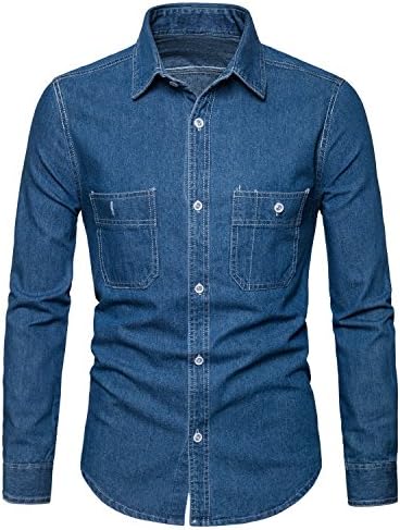 AOMO LOVE Men's Long Sleeve Denim Solid Shirt Cotton Casual Double-Pocket Shirt Blue Work Slim Fit Shirt