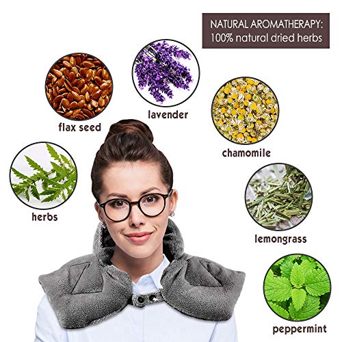 Neck heating pad microwavable, Aromatherapy Hot/Cold Shoulder Wrap Soft Flannel & Button Design, Natural Herbal Filler, Dry/Moist Relieve Aches and Tension in the Neck, Back and Arthritis, 23'' x 11''