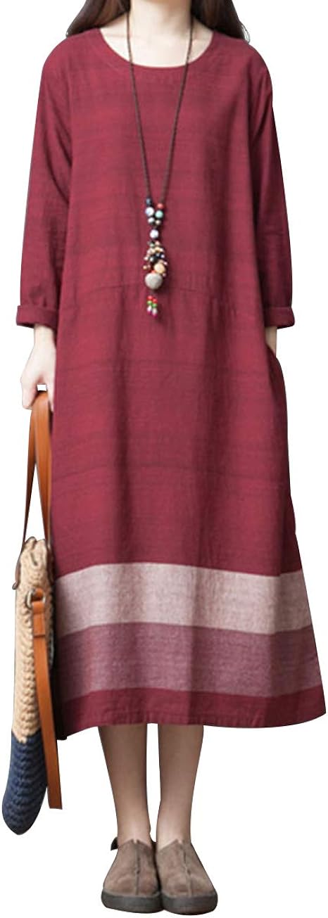 Amazon 春 秋冬 ロングワンピース レディース ワンピース チュニック マキシ丈 トップス 大きいサイズ ゆったり 長袖 コットンリネン カジュアル ワンピース チュニック 通販