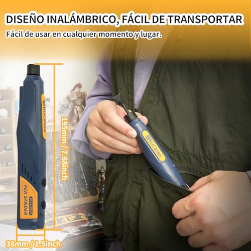 Bucasso Cordless Pen Sander, 5 Speeds & USB Charging with LED Light, Multipurpose Power Tool, Mini Electric Sander for Sanding, Polishing, Finishing, DIY Crafts