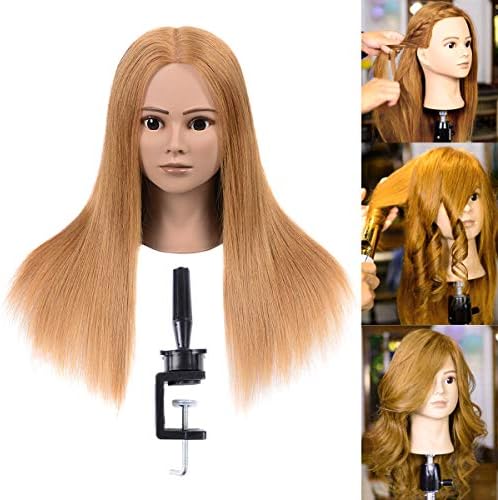 KELEVI Training Head Manequin 100% Human Hair Golden Hair For Cut Curl Dye Blow Training Mannequin Head With Hair with Clamp 20"-22" (From Forehead to The Back Hair End)