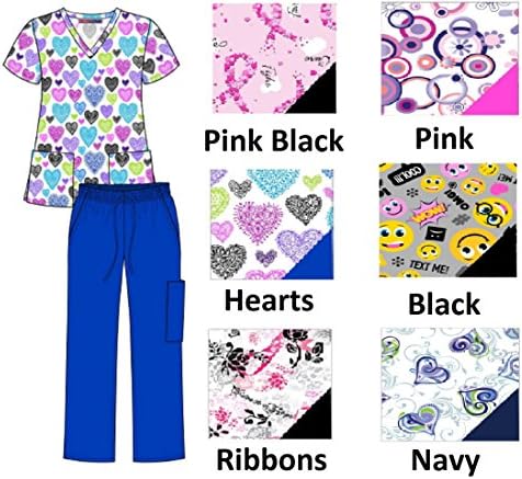 Women's Printed Scrub Sets Top &amp; Pant Sizes 1X 2X 3X 4X Multiple Prints Medical (2X, Ribbons)