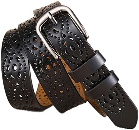 Womtop Women Belts Hollow Flower Genuine Cowhide Leather Belt Jeans Belts For Woman (Black)