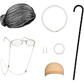 Joizomou Old Lady Costume for Kids Women Grandma Wig Kids Old Lady Wig and Glasses, Granny Wig Old People Walking Cane, Faux Pearl Bead Necklace Grandma Costume for 100 Days of School Costume Parties
