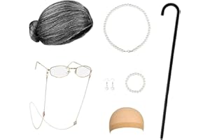 Joizomou Old Lady Costume for Kids Women Grandma Wig Kids Old Lady Wig and Glasses, Granny Wig Old People Walking Cane, Faux Pearl Bead Necklace Grandma Costume for 100 Days Of School Costume Parties