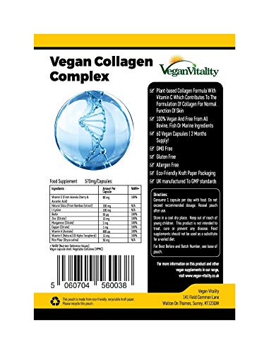 Integratore Di Collagene Vegan Con Biotina, Lisina, Silice Di Bambù, Zinco, Vitamine C, E, A | Vegetariano E Vegan Collagen |Per Pelle, Capelli, Unghie, Unghie E Ossa |2 Mesi Di Fornitura |Naturale