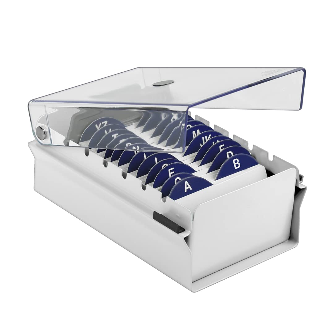 Acrimet Index Business Card Size File Holder Organizer Box Metal Base Heavy Duty (AZ Index Cards and Divider Included) (White Color with Clear Crystal Plastic Lid Cover)
